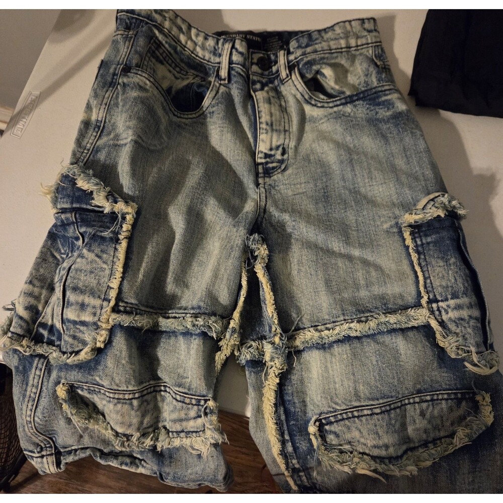 Legendary Status Mens 30 Acid Wash Denim Cargo Shorts Raw Hem Distressed Jorts